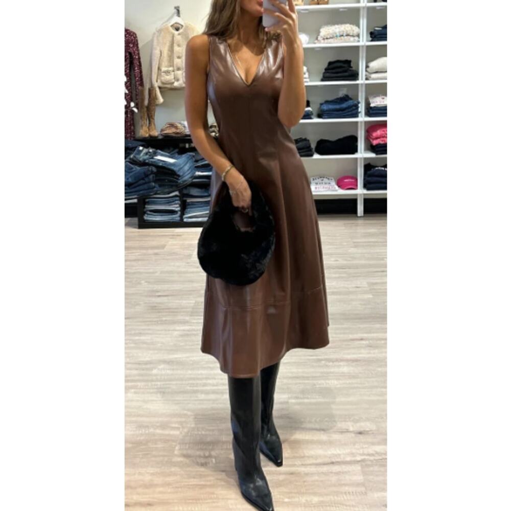 Paige Brown Faux Leather A-Line Sleeveless Midi Dress w/ Pockets Fiorella Size 8